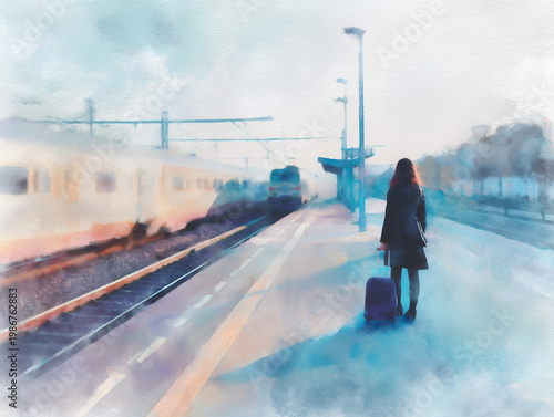Illustration einer Frau mit Koffer am Bahnhof, wartend auf die Reise, Fernweh und Urlaubsgefühl mit Erwartung und Aufbruchsstimmung