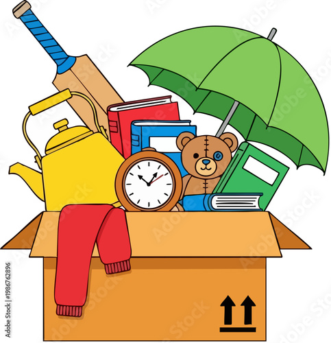 Cardboard moving box with household items, donation carton full of toys and books, storage container for relocation and charity