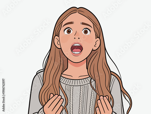 Surprised Young Woman with Long Brown Hair