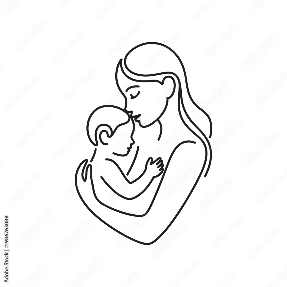 Fototapeta premium Minimal Line Art Mother and Child Emotional Bonding Continuous Line Drawing Vector