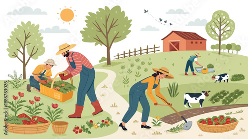 People are working in a farm with trees and a barn in the background