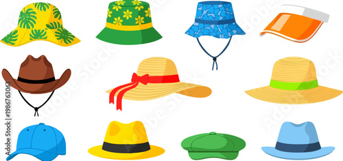 Summer hat collection with 11 vector icons, colorful sun hats and beach headwear set, fashion accessories for vacation and outdoor travel