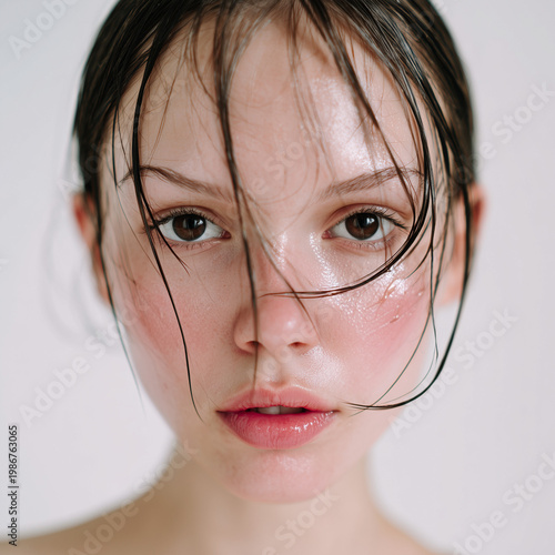 Beauty-Porträt einer Frau mit nassem Look, glänzende Haut und ausdrucksstarke Augen, modernes Kosmetik- und Fashion-Motiv und nassen haaren frisur wet look wetlook