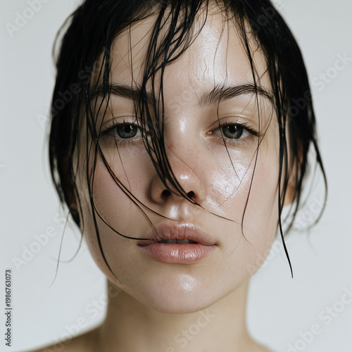 Beauty-Porträt einer Frau mit nassem Look, glänzende Haut und ausdrucksstarke Augen, modernes Kosmetik- und Fashion-Motiv und nassen haaren frisur wet look wetlook