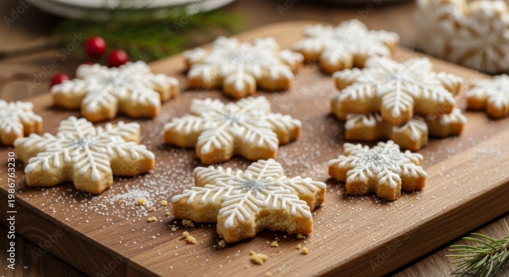 Fototapeta premium Winter's First Bite: Festive Snowflake Cookies on a Rustic Wooden Board