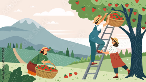 Three people harvesting strawberries in a lush green field with a mountain range in the background