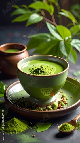 A serene green tea scene with a bowl and saucer on a table