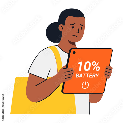 Woman holds tablet with low battery warning in hand anxiously