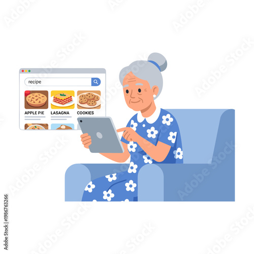Elderly woman sitting on sofa uses tablet to browse food online menu