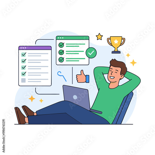 Man sitting with laptop feels accomplished with checklists and trophy