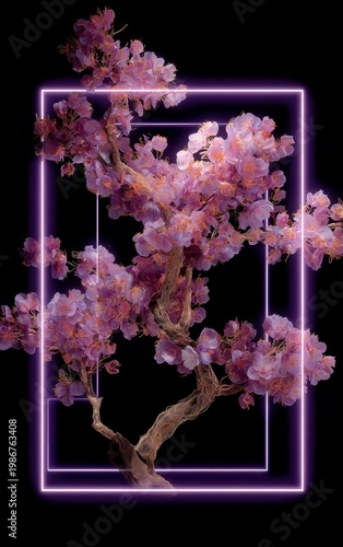 Elegant Cherry Blossom Branch Against Dark Background with Neon Frame