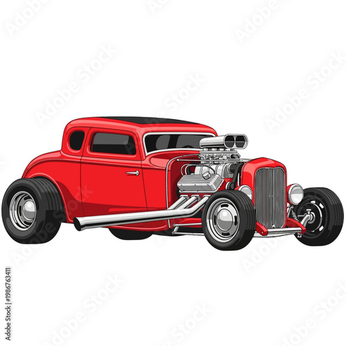 Classic Red Hot Rod Coupe with Exposed Engine and Chrome Details