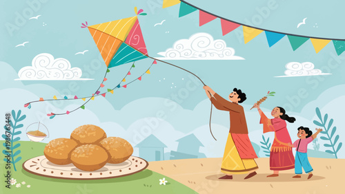 A vibrant illustration of a family flying a colorful kite in a sunny outdoor setting with traditional food and decorations.