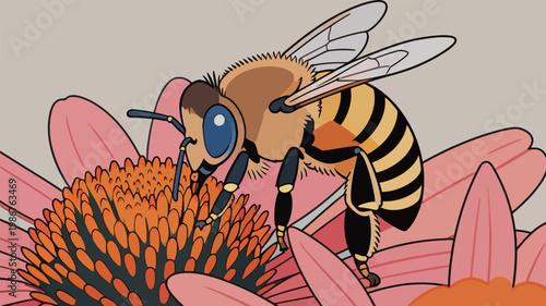 Bee Collecting Nectar on Pink Flower Illustration