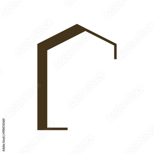 Minimalist abstract brown geometric shape resembling a stylized letter, partial building outline, or an open frame on a white background.