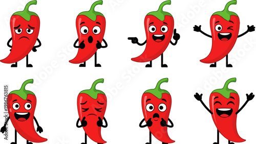 Cartoon chili pepper mascot collection, 8 red hot chili pepper characters with different facial expressions, cute spicy vegetable vector set
