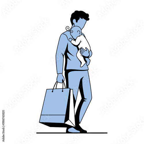 Father Carrying Sleeping Baby and Shopping Bag, Family Lifestyle