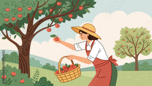A woman in a hat and apron picking apples from a tree in a lush green orchard