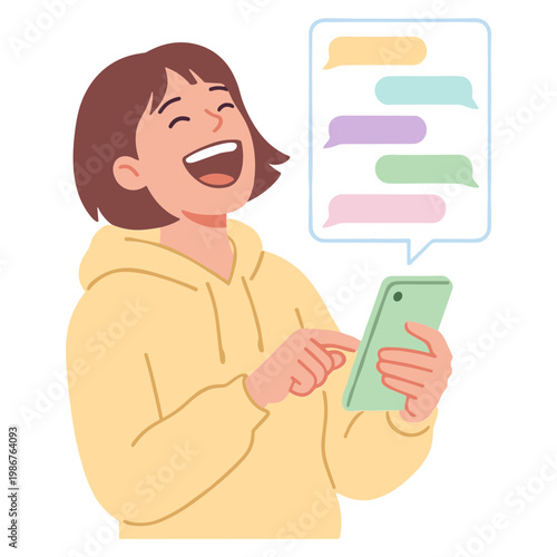 Woman laughs while messaging on her phone with colorful speech bubbles