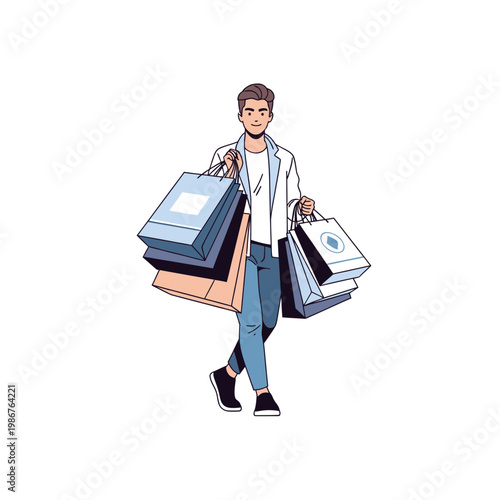 Happy Man Walking with Shopping Bags
