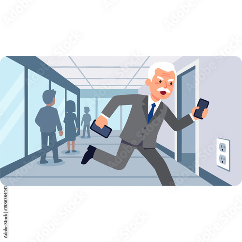 Businessman runs quickly down office hallway with phone and briefcase.