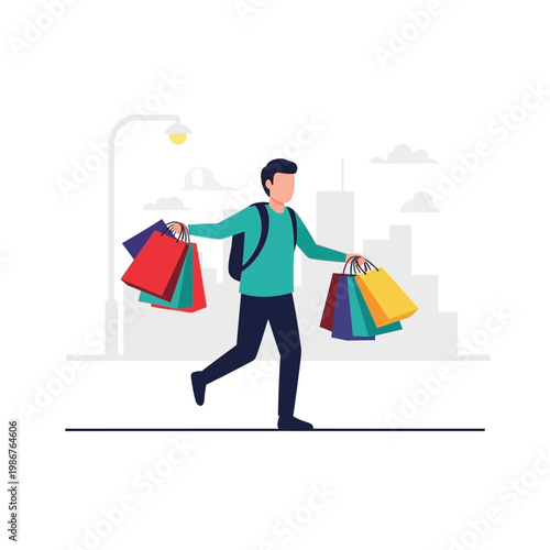 Man with shopping bags walking in city street, consumerism concept