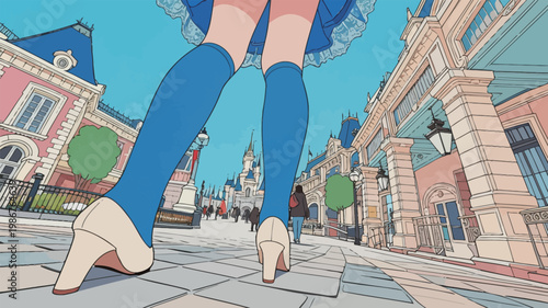 Anime Girl in Blue Socks and High Heels at Amusement Park