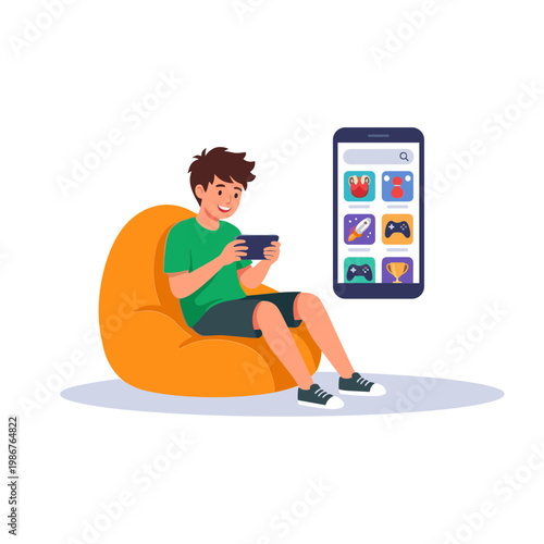 A man sits on a beanbag chair playing video games on a console next to a smartphone.