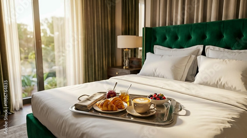 Luxury hotel breakfast in bed with croissants, coffee, and fruit on silver tray, morning light
