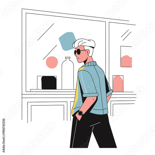 Stylish man in sunglasses looking at shop window display, modern illustration