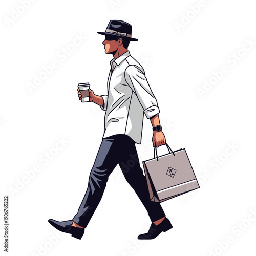 Stylish Man Walking with Coffee and Shopping Bag - Urban Lifestyle Illustration