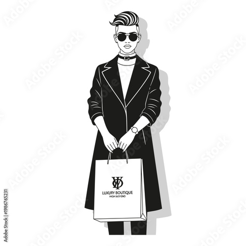 Stylish Woman in Trench Coat Holding Luxury Boutique Shopping Bag