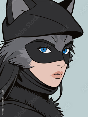 Catwoman-style character with wolf ears and blue eyes