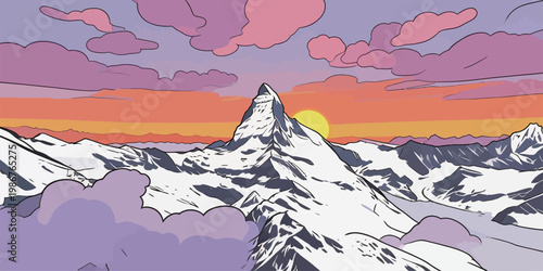 Matterhorn Mountain with Snowy Peaks at Sunset