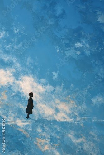Silhouette of Child Standing on Reflective Surface Under Blue Sky