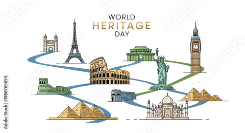 World Heritage Day is celebrated with a vector illustration featuring famous historical monuments like the Eiffel Tower, Colosseum, and Taj Mahal connected by a winding blue path