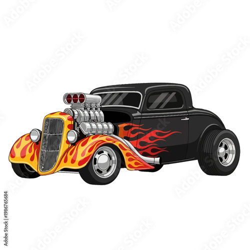 Vintage Hot Rod Car with Flames and Supercharger