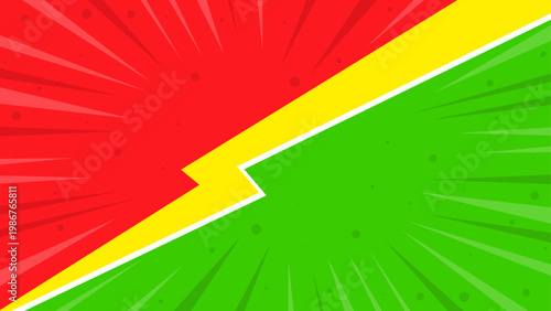 Comic book style versus background with red and green sunburst | Versus battle background with yellow lightning bolt divider | Red and green pop art rays background for versus competition