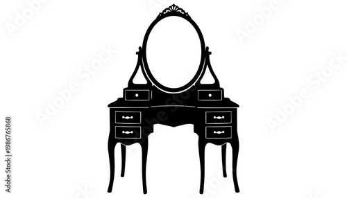 A black vanity dresser silhouette with a large oval mirror