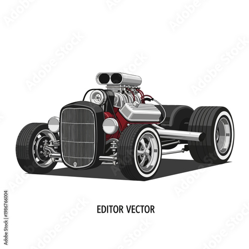Vintage Hot Rod Car with Supercharger and Chrome Details