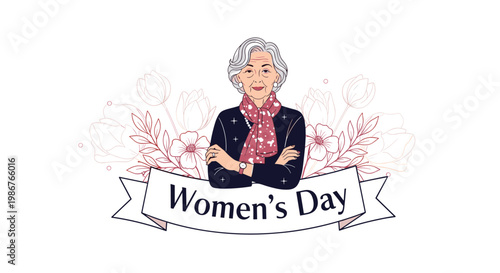 Elegant elderly woman with grey hair and crossed arms featured on a Women-s Day banner surrounded by beautiful pink floral line art illustrations.
