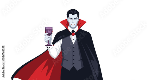 Handsome male vampire dressed in a sophisticated tuxedo and a red-lined black cape holding a purple goblet against a clean white background.