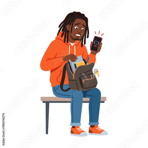 A young man sits on a bench looking shocked at his phone.