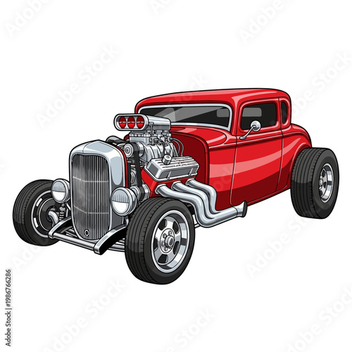 Vintage Red Hot Rod Car with Exposed Engine