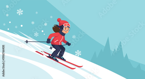 Active woman in a red winter jacket and ski goggles skiing down a snowy mountain slope with snowflakes falling against a light blue winter sky.