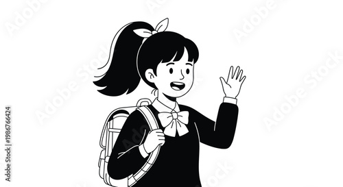 Black and white line drawing of a happy schoolgirl with a ponytail and backpack waving her hand in greeting against a plain white background.