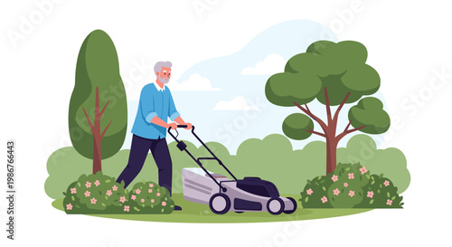Senior man with grey hair using a modern lawnmower to cut the grass in a beautiful garden with green trees and blooming flower bushes.
