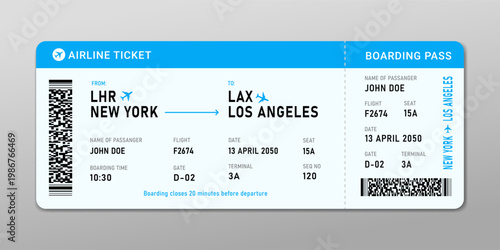 Boarding pass template. Realistic airline flight boarding pass ticket layout with trip concept