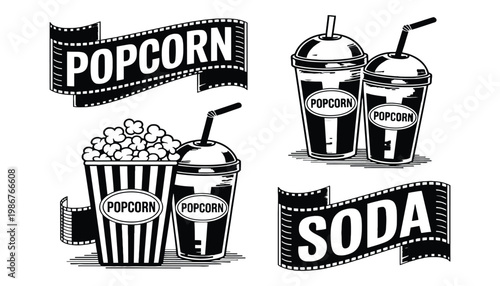 Popcorn vector illustration with soda and movie film strip banners
