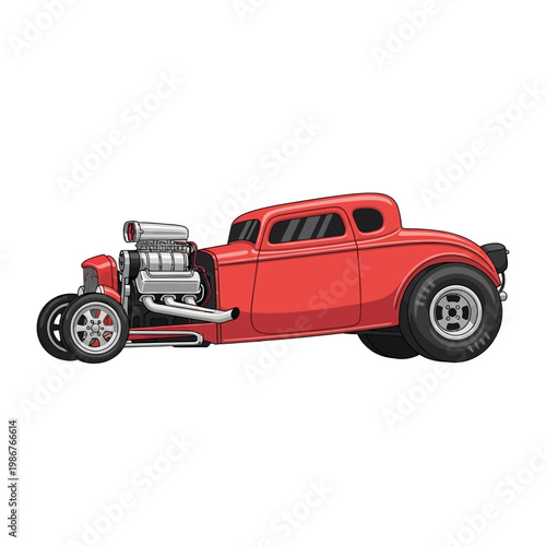 Vintage Red Hot Rod Coupe Car with Supercharger and Chrome Details on White Background